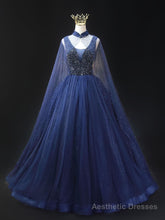 Blue Tulle Sequins V-neck Beading Prom Dress